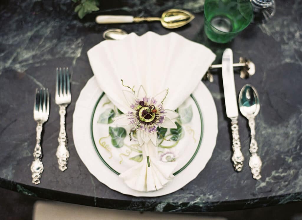 Passiflora – Embroidered three dimensional passion flowers for the wedding of Alexandra Howard, New York